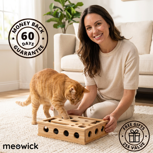Smiling woman holding the Meowick wooden cat puzzle box with 60-day guarantee badge